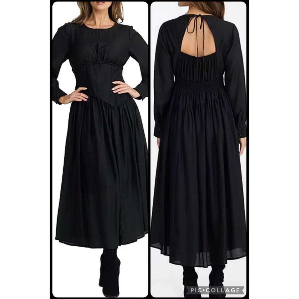 Brave+True Black Corset Waist Cutout Back Midi Dress Long Sleeve‎ NWT Size L